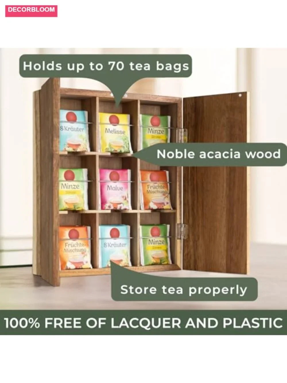 9-Compartment Solid Acacia Wood Tea Organizer Box with Wall Mount